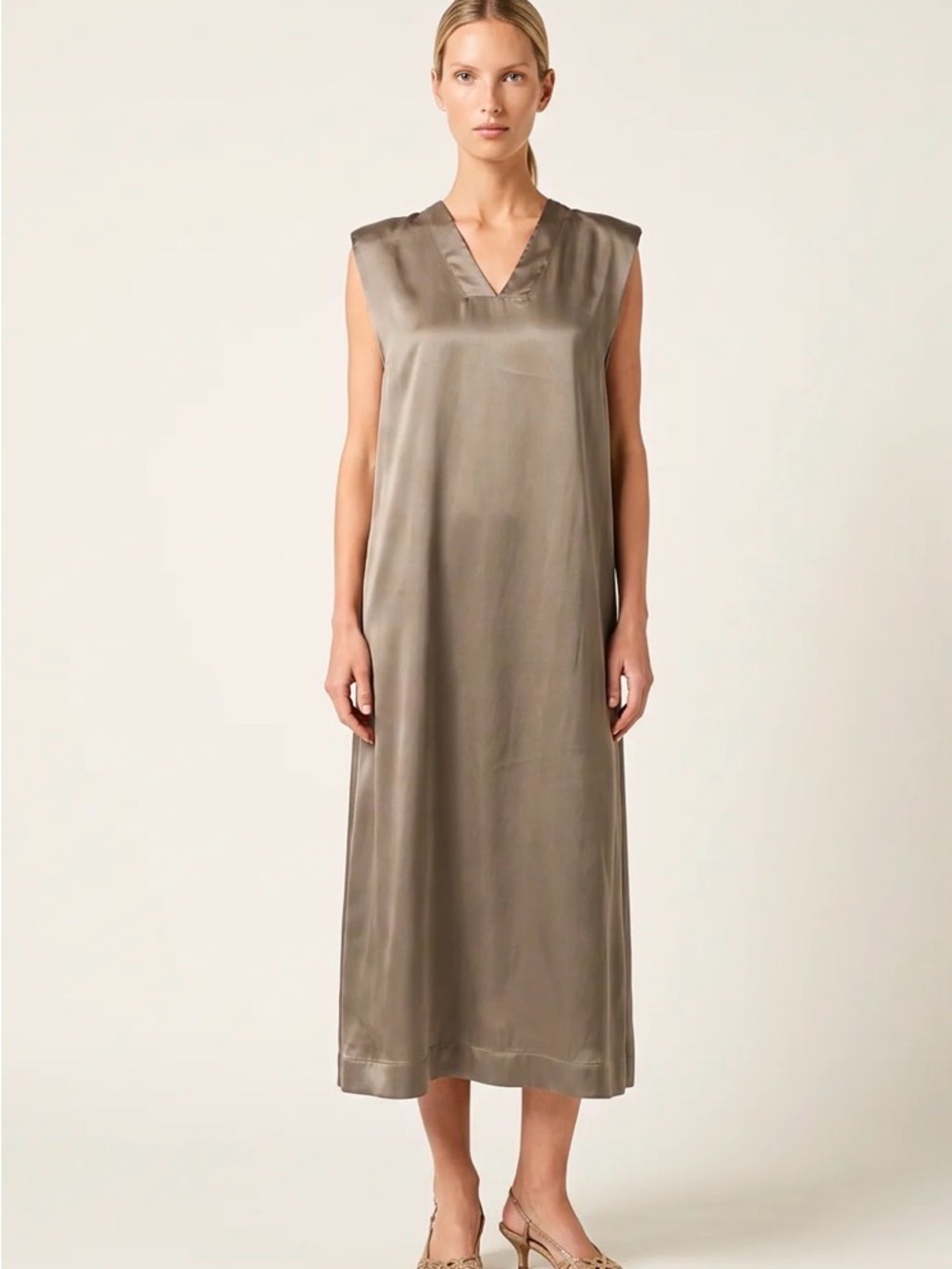 Sleeveless V-Neck Maxi Slip Dress in Taupe